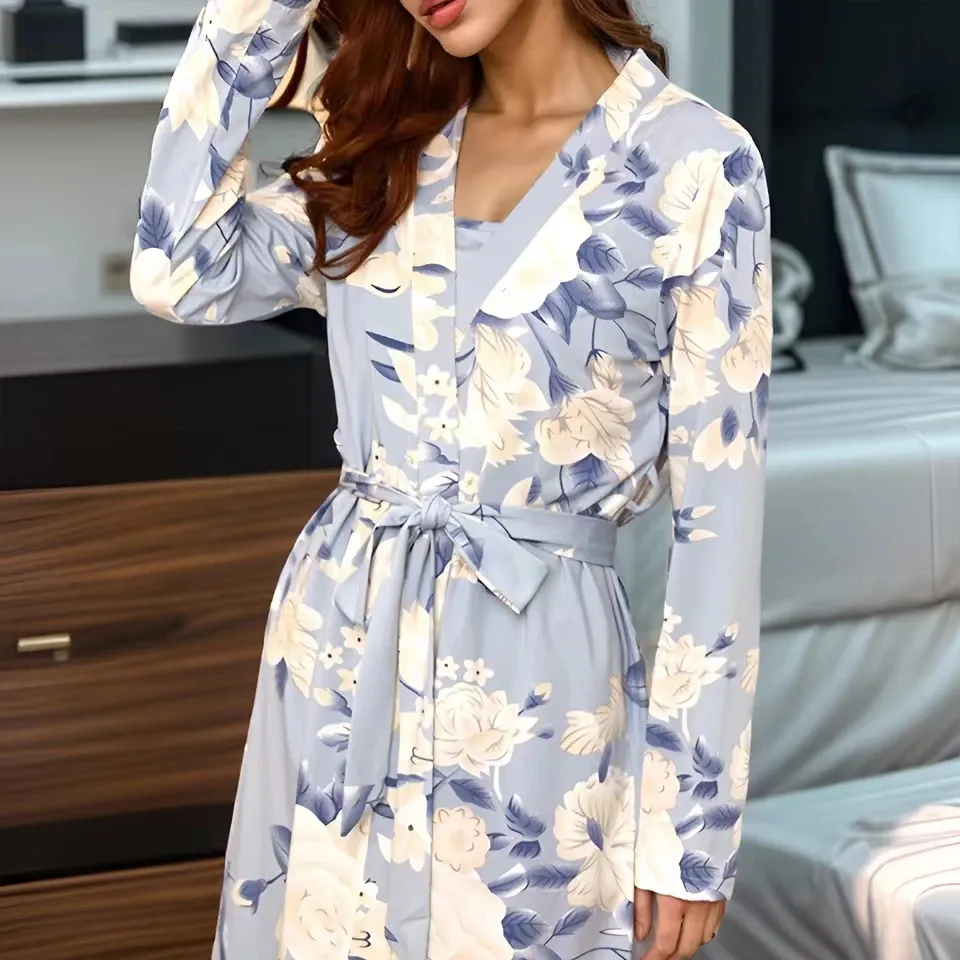 3pcs Floral Print Loungewear Cami Top and Pants Belted Robe Set Women Custom Long Sleeve Pajamas