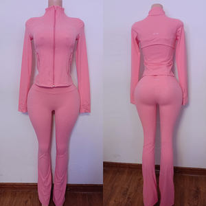 Set di san valentino <span class=keywords><strong>rosa</strong></span> con LOGO personalizzato <span class=keywords><strong>tuta</strong></span> sportiva da donna allenamento Yoga giacca a zampa <span class=keywords><strong>pantaloni</strong></span> due pezzi <span class=keywords><strong>tuta</strong></span> da donna - Product Image 4