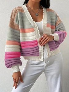 Cárdigan de punto para <span class=keywords><strong>mujer</strong></span> para Otoño Invierno 2025 estilo europeo americano para <span class=keywords><strong>Amazon</strong></span> abrigo Arco Iris rayas mangas linterna Color - Product Image 3