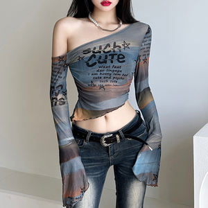 Letter Print One Shoulder <b>Mesh</b> <b>Top</b> Women Irregular Hem <b>Long</b> <b>Sleeve</b> <b>Crop</b> Tee Sexy Streetwear Slim Fit See Through <b>Top</b> - Product Image 4
