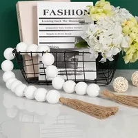 Guirlande de perles en bois rustique bohème avec pompons en jute, décoration murale en bois naturel pour la maison, décoration de plateau, cadeau