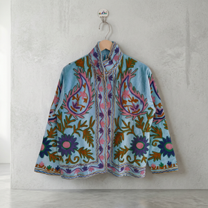 Wholesale Factory Custom <b>Women</b> Heavy Thread Embroidery Light Blue <b>Velvet</b> Jacket Casual Open Front Stand Collar Short <b>Coat</b> OEM - Product Image 1