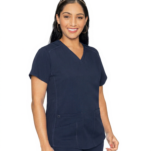 Haut de blouse médicale pour femme, bleu marine, col en V, manches courtes, avec poches, uniforme d'hôpital, tricoté, respirant, confortable, extensible, avec détection d'aiguilles - Product Image 1