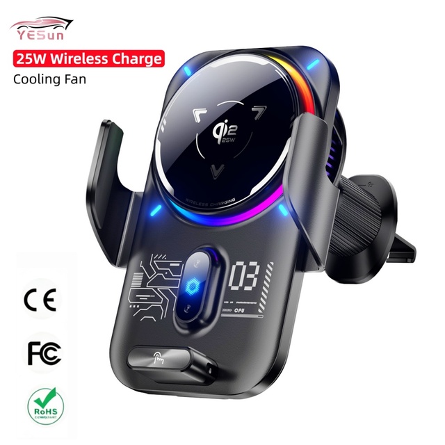 25W QI2.2 Fast Charging Magnetic Car Phone Holder Stand Colorful Light Cooler Fan Mobile Phone Holder for Car Mount Car Charger