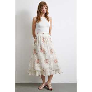 Falda Plisada con Volantes para Mujer, de Gasa, Cintura Elástica, Estampado Floral Suave, Color Crema, Largo Medio - Product Image 5