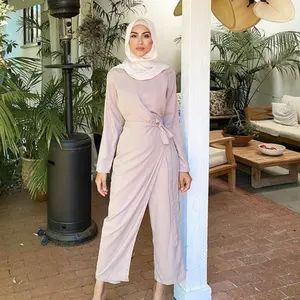 2023 Mode Effen Kleur V-Hals Stiksel Nida Één Stuk Wijde Pijpen Broek Bescheiden Moslim Islamitische Pak Jumpsuit Kleding Voor Vrouwen