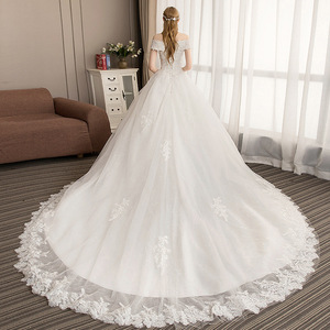 French Hepburn Style Wedding Dress White Off The Shoulder Ball Gown Empire Waist Vintage Train Bride Dress - Product Image 4