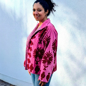 Blazer matelassé brodé en toile rose écologique à motif floral, manches longues, col rond, simple boutonnage, veste pour femme, automne - Product Image 1