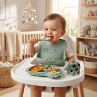 Ensemble repas bébé en silicone OEM pour animaux de ferme, sans BPA, avec bol vache, assiette poulet, bavoir cochon, cuillère et fourchette, qualité alimentaire pour l'alimentation des tout-petits