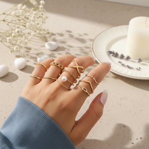 Vendita calda semplici e minimalisti in acciaio inossidabile accatastamento anelli di tendenza moda corona croce grappolo gioielli per ragazze 18K placcatura - Product Image 3