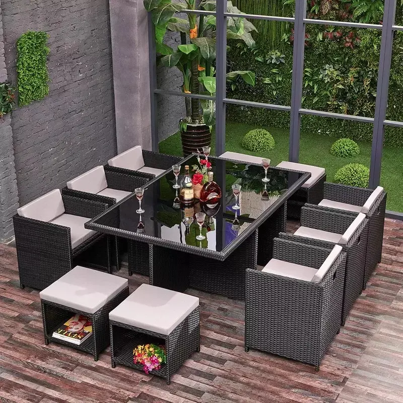 Yeni tasarım Modern dış bahçe veranda rattan yemek takımları rahat dış mekan mobilyası