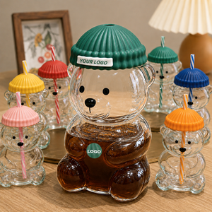 20oz Glas-Bärenbecher mit Deckel, Teddybär-Glasbecher mit Strohhalm, personalisierte Becher, Glas-Trinkgeschirr, Großhandel - Product Image 1