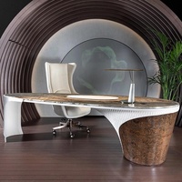 Bureau de direction ovale de luxe léger en métal haut de gamme avec surface en marbre naturel, mobile, style postmoderne, pour villa, bureau d'étude ou d'ordinateur
