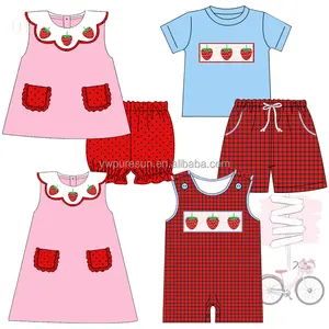 Spring designs smocked designs French Knot strawberry scallop collar knitted siblings set kids wear children clothing
