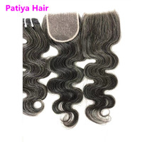 Closure en dentelle gris naturel noir, double trame, cheveux humains vierges péruviens ondulés, couleur sel et poivre, 100% originaux