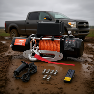 Treuil électrique Vevor 10000 lb 12 V avec câble synthétique, étanche, télécommande, pour camion, câble orange de 15 m, fixation par boulons - Product Image 2