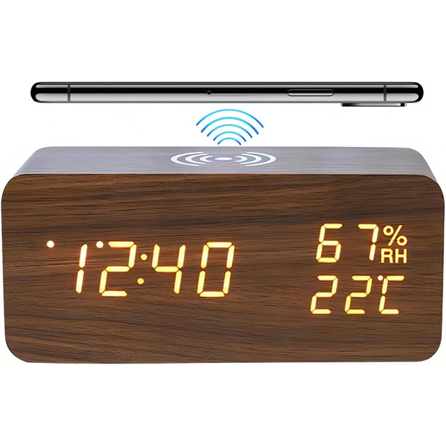 Wooden Digital Alarm Clock FM Radio Bedside Desk Fast Wireless Charger Station USB Charging Port