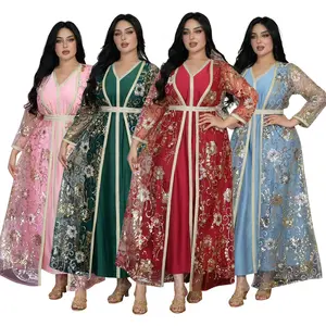 2115 nuovo stile Abaya Kaftan arabo Gulf 2 pezzi Abaya vestito musulmano primavera paillettes fettuccia Abaya Robe Musulmane abbigliamento islamico