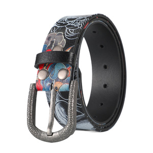 เข็มขัดหนังวัวพิมพ์ลายสำหรับผู้ชาย หัวเข็มขัดโลหะผสมสีดำ สไตล์ลำลอง ทนทาน ลายดอกไม้แท้ กว้าง 3.5 ซม. - Product Image 5