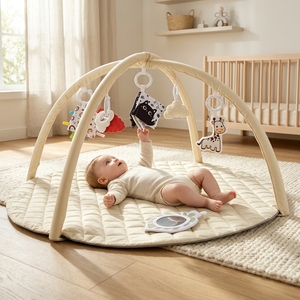 Tapis d'éveil matelassé beige tendance pour bébé, couleurs neutres modernes, arche d'activités robuste et amis en peluche à contraste élevé - Product Image 1