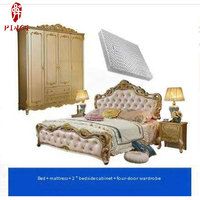 Lit en bois massif sculpté de style européen, mobilier de chambre à coucher principale, mobilier de chambre à coucher royal français en cuir couleur champagne