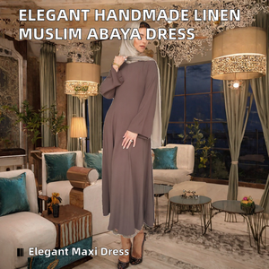Robe Abaya Maxi élégante en lin respirant pour femmes, col rond, manches longues, robe musulmane unie pour soirée - Product Image 2