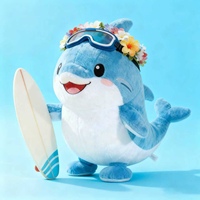 Mascotte de sport personnalisée en peluche adorable dauphin avec lunettes tenant une planche de surf mascotte de dauphin personnalisée en peluche pour événement sportif