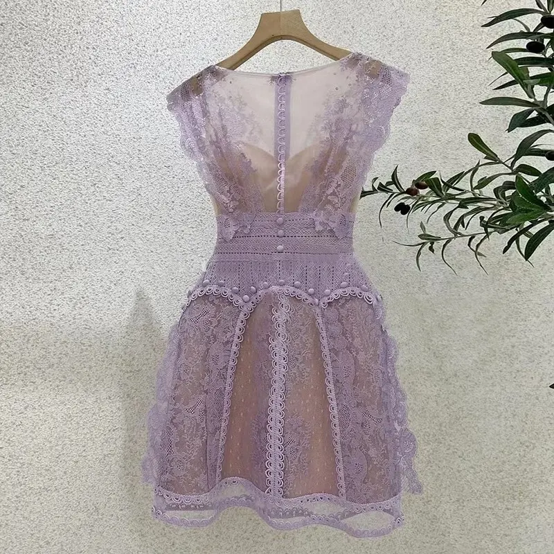 Dress Women's Elegant Summer New Lace Perspective Prom Sexy Temperament V-neck Purple Mini Dress