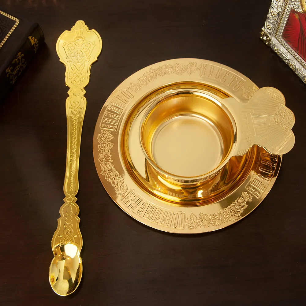 HT Church Product Manufacture Church Baptismal Supplies Gold Plated Holy Grail Plate Spoon Religious Ritual Accessories