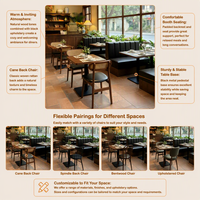 Ensemble de meubles de restaurant rétro, tables en bois, chaises à dossier en rotin, banquettes en cuir noir capitonnées, vente en gros