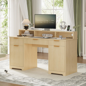 Wave <strong>Design</strong> Executive Desk, Fluted Office Desk with Power Outlets Long Monitor Stand, Modern <strong>Computer</strong> <strong>Table</strong> - Product Image 4