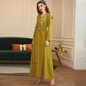 2021 Dubai & Muslims high quality hand-made casual dress solid color long sleeve Morocco national style women summer dress