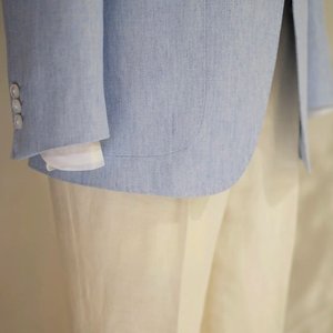 Traje Casual para Hombre MTM, Azul Claro, Mezcla de Lana, Seda y Lino, Blazer con Forro Parcial y Diseño Espigado, Transpirable para Verano - Product Image 4