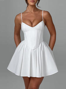 批发编织迷你紧身连身裤纯白色黄色修身v领休闲派对夏季性感女式吊带连衣裙修身 - Product Image 4