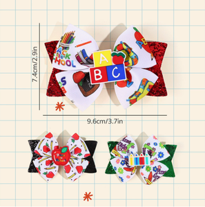 Fiocchi per capelli <span class=keywords><strong>in</strong></span> nastro grosgrain all'ingrosso, fermagli per capelli con stampa a matita e glitter per bambini, accessori per il ritorno a scuola - Product Image 3