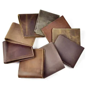 Factory Wholesale 2 Fold Hold Up To 6 Cards Genuine Crazy Horse Leather Gents Card Holder Raw Material Wallet Men