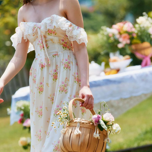 خمر مستوحاة قبالة الكتف الدانتيل كشكش سموكيد الخصر طباعة الأزهار الصيف المرأة في الهواء الطلق حزب اللباس ميدي - Product Image 4