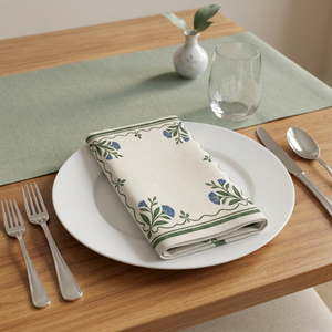 Serviette de table en coton imprimé de qualité supérieure avec bordure florale bleue élégante, serviette de table décorative pour la maison et les restaurants - Product Image 3