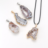 Collar de Ágata Brasileña Natural en Rodaja con Borde Chapado en Oro y Plata, Colgante de Geoda Cruda con Cordón Encerado, Joyería al por Mayor