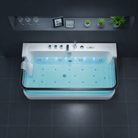 Bañera de Hidromasaje Acrílica con Cascada, Frente de Vidrio, Cromoterapia LED, Hidroterapia, Spa con Jets, Montada en la Pared, 150x85x58cm