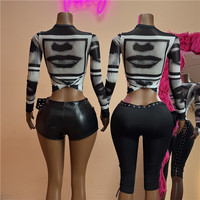 Ensemble 2 pièces tendance en PU pour femme : Crop top moulant à col rond et manches longues et short à lacets