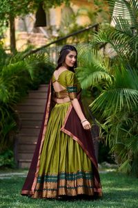 Traditionele Zuid-Stijl Poly Katoen Half <span class=keywords><strong>Saree</strong></span> Met Georgette Dupatta Zari Weefwerk Lehenga Set - Product Image 5