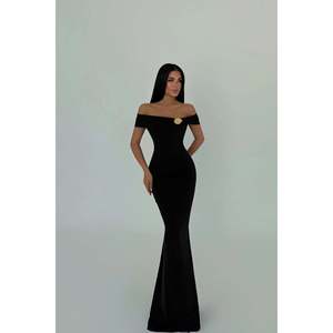 Luxurious Black Evening Dress Brooch Detail Rhinestone <b>Decoration</b> Empire Waistline Short Sleeves XS-XL Plus for <b>Prom</b> Party ODM - Product Image 2