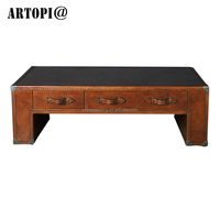 Table d'appoint vintage en cuir avec bandes de bois massif, table d'appoint rétro unique avec tiroir et rangement