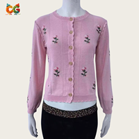 Cardigan en tricot jacquard floral rose court pour femme CG Custom, bord festonné, manches longues, boutonné, idéal printemps-automne