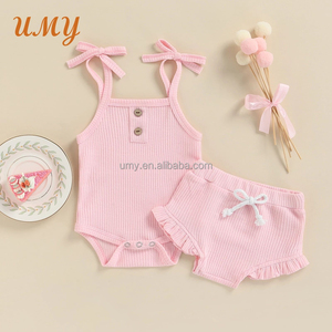 Ensembles de vêtements pour bébé fille d'été 100% coton côtelé Style décontracté Manches courtes Sans manches Combinaison et robe pour tout-petits pour temps chaud - Product Image 2