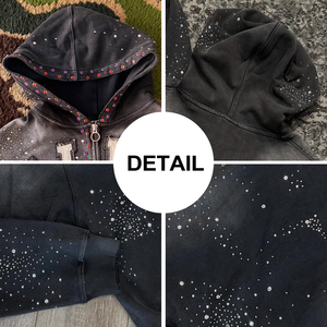 Sudadera con capucha personalizada con cremallera, pedrería, purpurina, bordado desgastado, estilo vintage, lavado ácido y pedrería de imitación - Product Image 6