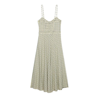 Robe midi à carreaux col en V pour femme, style vintage, bretelles spaghetti, dos froncé, pour l'été