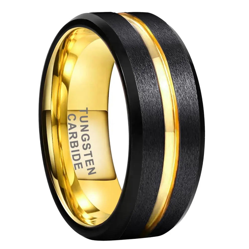 Coolstyle Jewelry 8mm Black Gold Tungsten Carbide Ring for Men Women Engagement Band Two Tone Beveled Edges Matte Comfort Fit