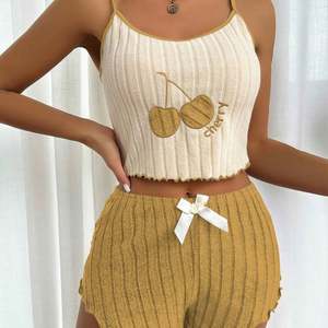 I-0625 European American Style Discharge Printed <b>Women's</b> Hairy <b>Suspender</b> Vest Shorts Nightgowns Set Cherry Print Elastic Waist - Product Image 4